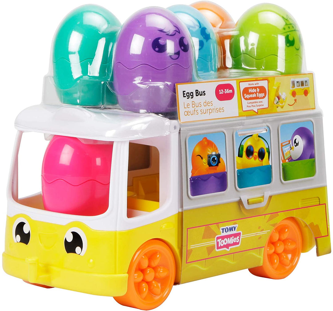 Toomies TOMY Versteck- und Quietsch-Ei-Bus-Babyspielzeug, pädagogischer Formensortierer mit Farben und Geräuschen, Osterspielzeug für Babys, Baby-Schiebespielzeug für Kleinkinder, Jungen und Mädchen im Alter von 1, 2 und 3 Jahren