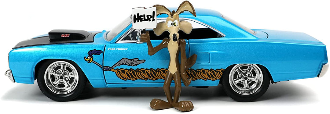 Jada 253255028 Looney Toons Road Runner Plymouth in Scala 1:24 Druckguss mit der Personaggio di Willy il Coyote, 8 Jahre Tunes-Modelle, mehrfarbig