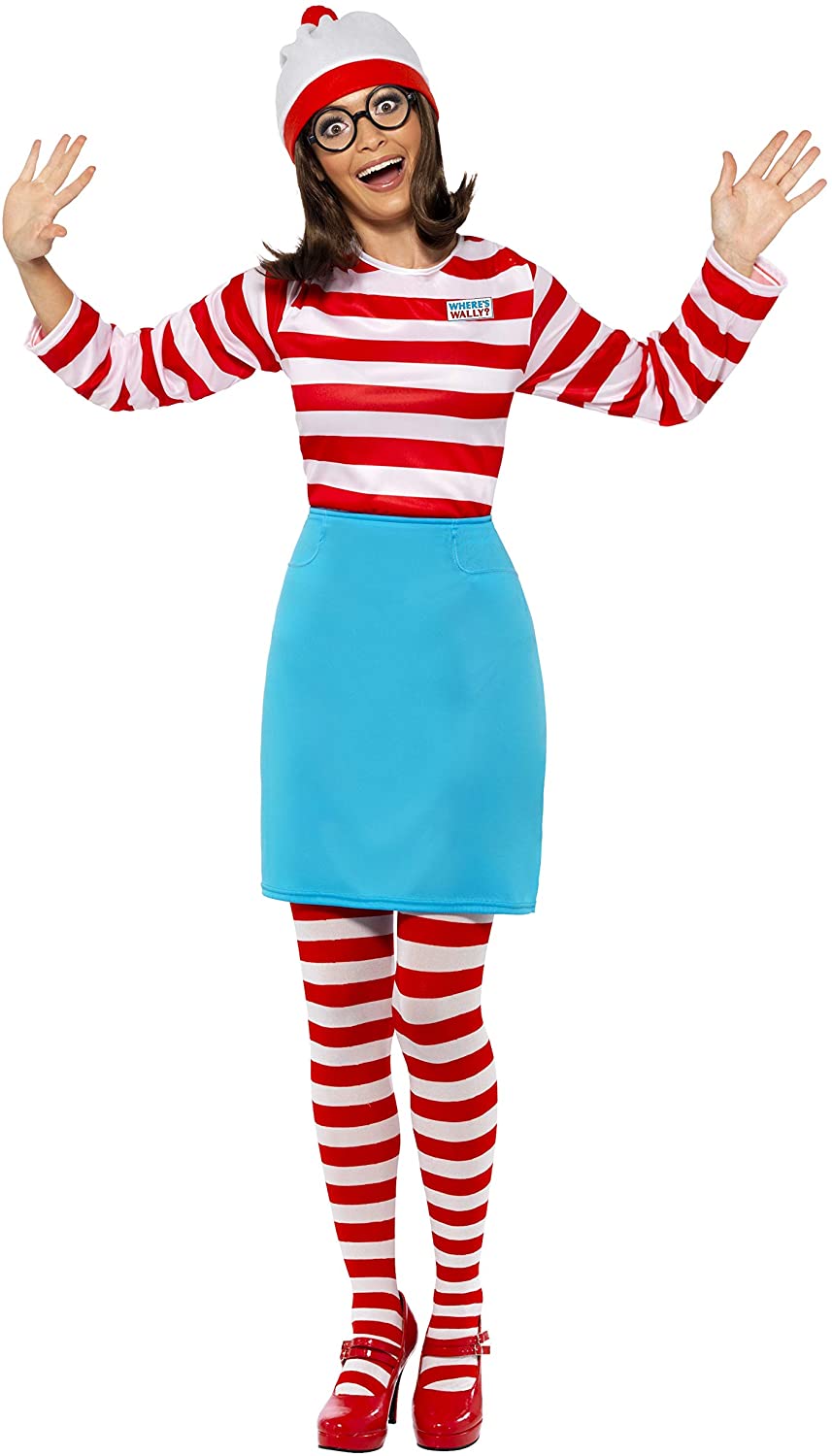 Smiffys Women's Where's Wally? Wenda Costume, Top, Skirt, Glasses, Tights & Hat, Size: M, Colour: Red and White, 39504