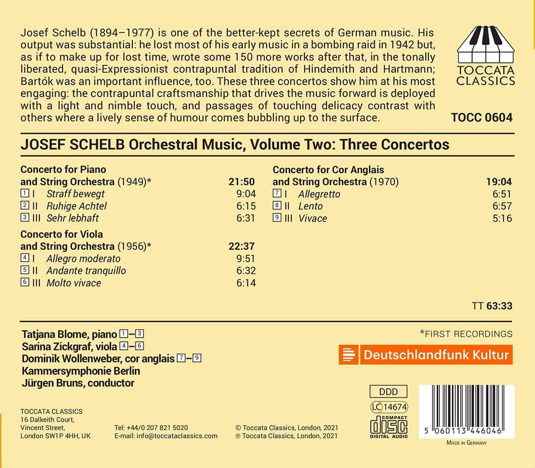 Schelb: Orchestral Music [Tatjana Blome; Sarina Zickgraf; Dominik Wollenweber; Kammersymphonie Berlin; Jrgen Bruns] [Toccata Classics: TOCC 0604] [Audio CD]