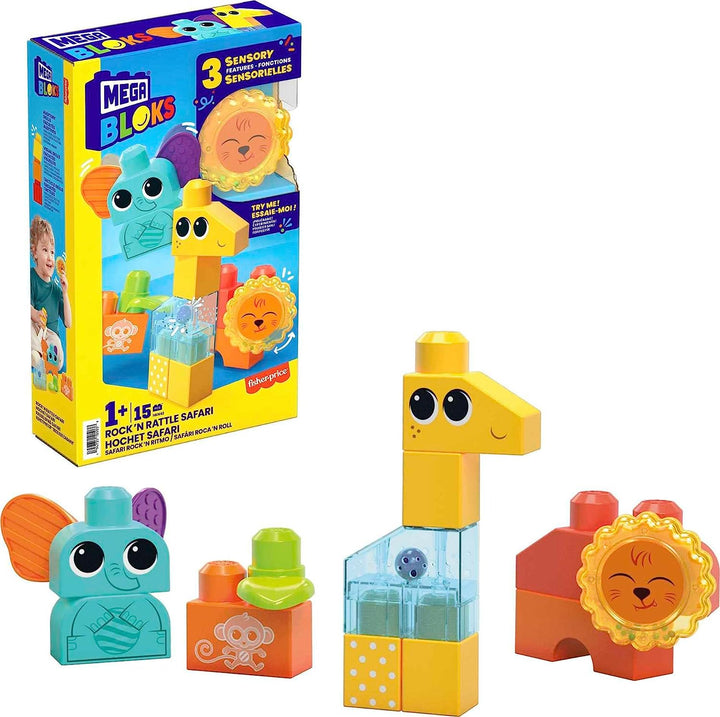 MEGA BLOKS Sensory Toys for Toddlers, Rock n Rattle Safari with Building Blocks