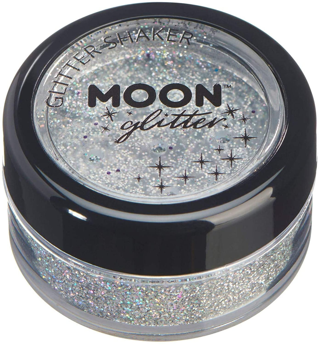 Holographic Glitter Shakers by Moon Glitter - Silver - Cosmetic Festival Makeup Glitter for Face, Body, Nails, Hair, Lips - 5g
