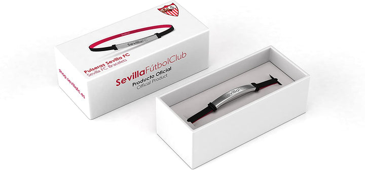Modisches schwarzes Junior-Armband des FC Sevilla für Damen und Kinder. Sevillista-Armband aus Silikon und Edelstahl