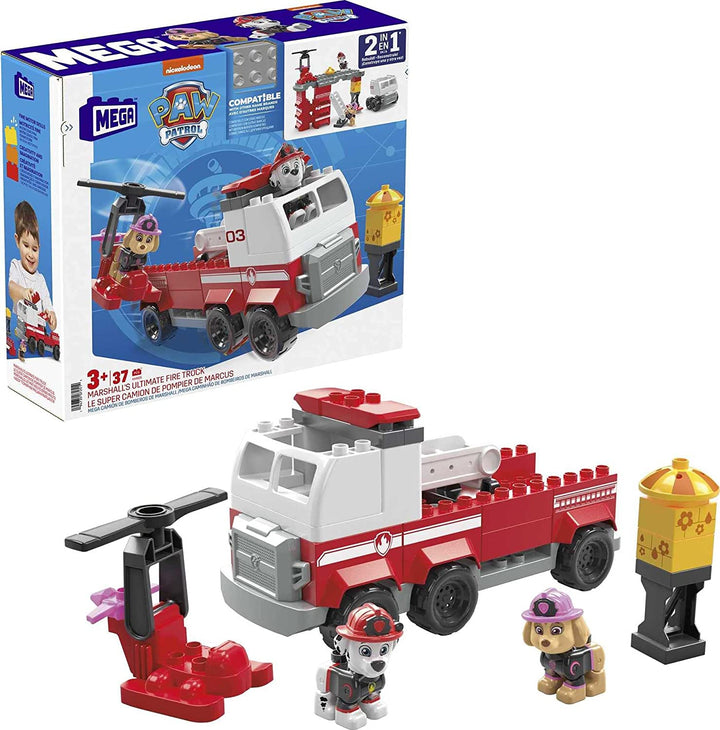 MEGA PAW Patrol Marshalls ultimatives Feuerwehrauto-Bauset mit Marshall- und Skye-Figuren