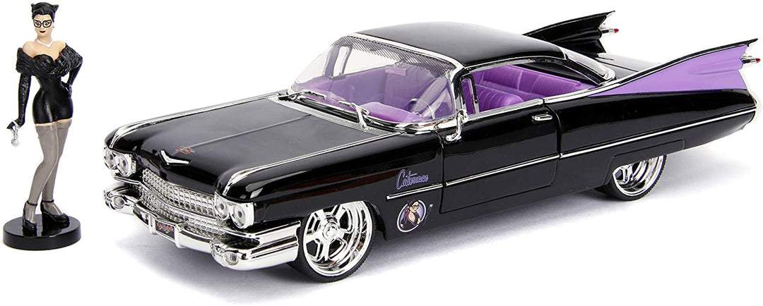 Jada Toys 253255006 Super Heroes DC Comics Bombshells 1959 Cadillac Spielzeugauto, Druckgusstüren, Kofferraum- und Motorhaubenöffnung, Catwoman-Figur, Maßstab 1:24, Schwarz, Lila