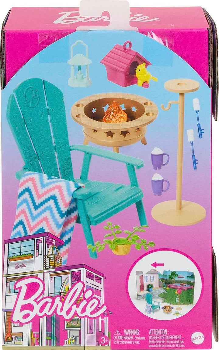 Barbie Furniture and Accessory Pack, Barbie Doll House Décor, Backyard Patio, Bonfire, Birdfeeder and Birdhouse, Kids Toys and Gifts