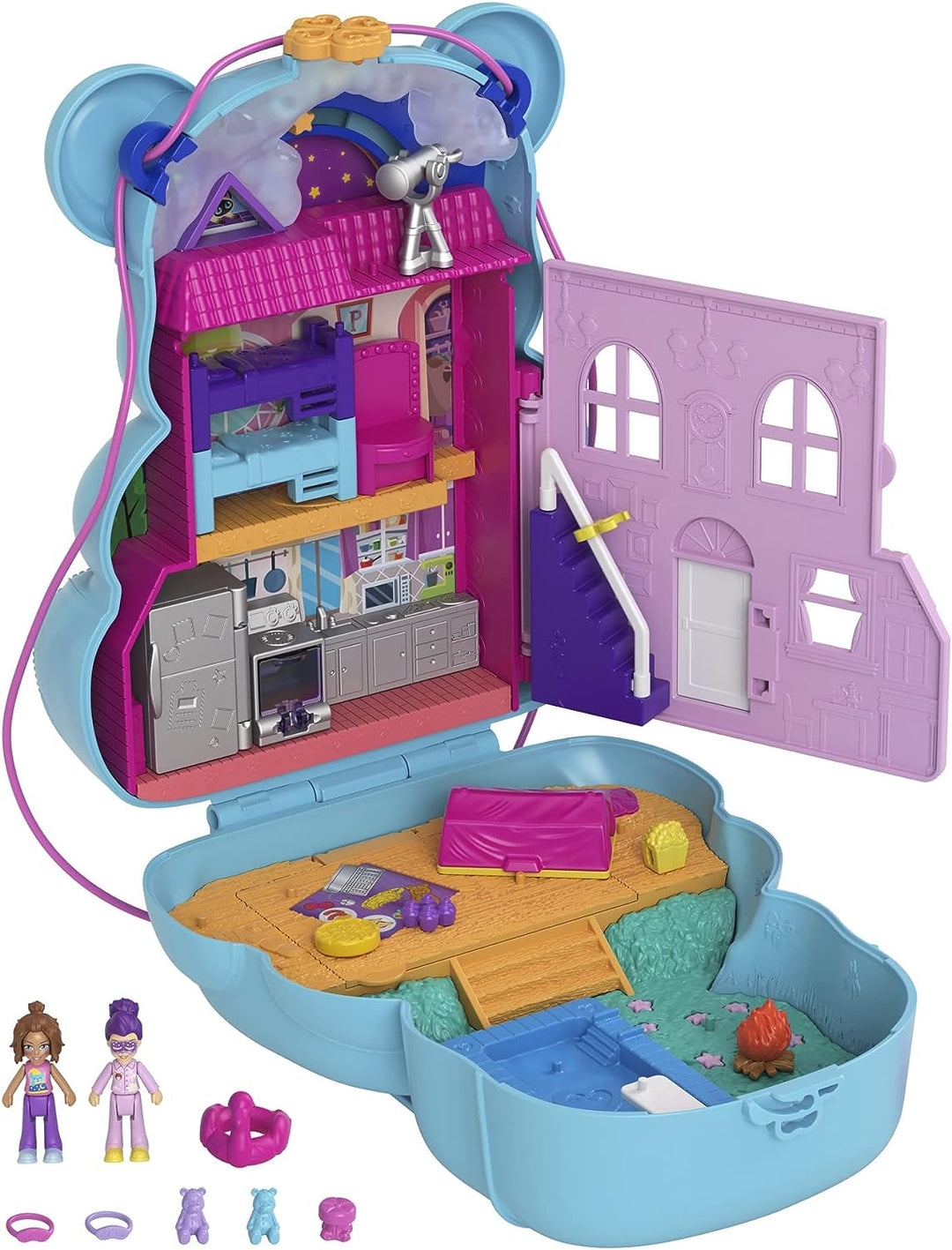 Polly Pocket Teddybär-Geldbörse, kompakt, 2 Mikropuppen, 16 Zubehörteile, Pop &amp; Swap