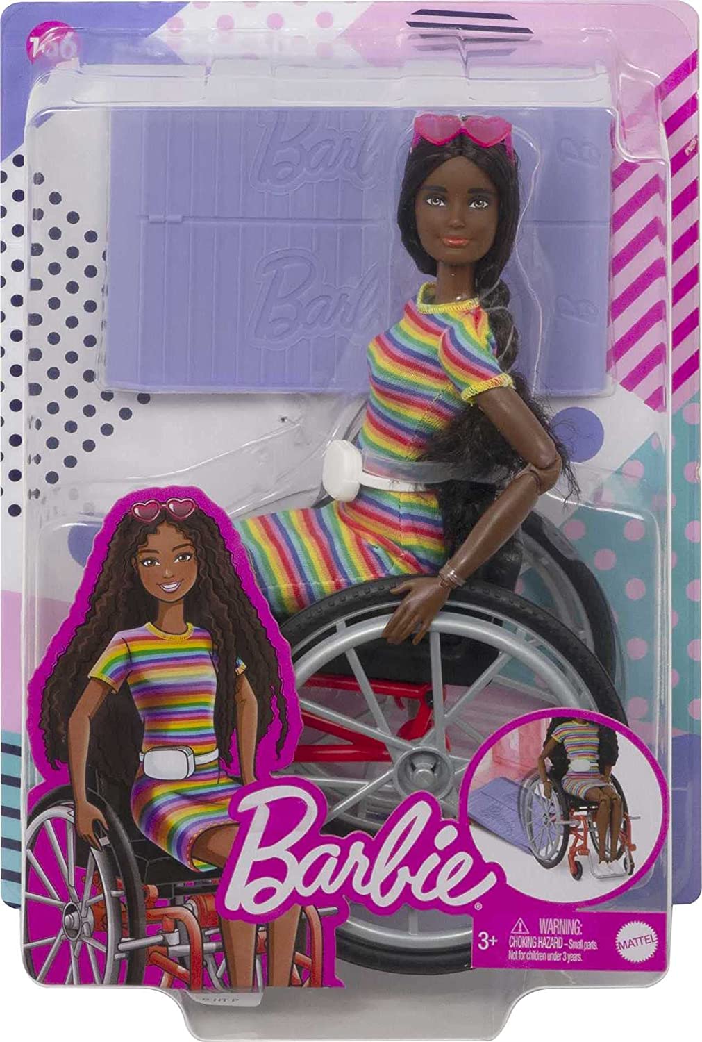 Barbie Fashionistas-pop # 166 met rolstoel en gekruld donkerbruin haar