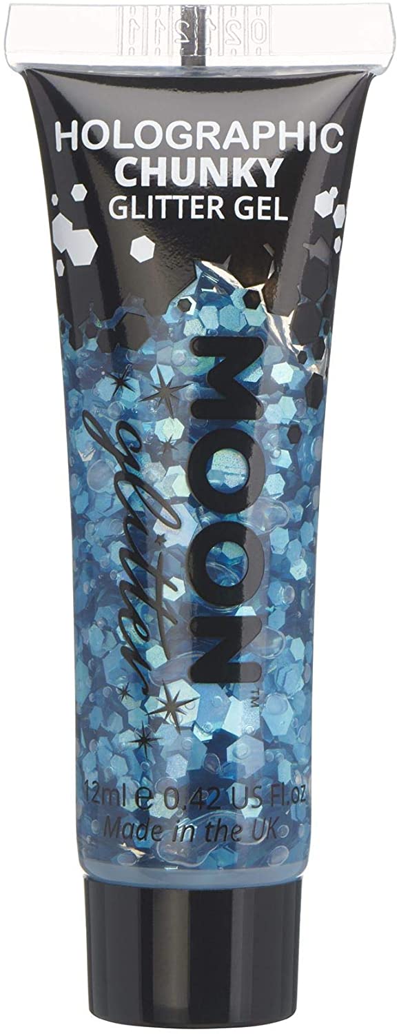 Holographic Chunky Face & Body Glitter Gel by Moon Glitter - Blue - Cosmetic Festival Glitter Face Paint for Face, Body, Hair, Nails - 12ml