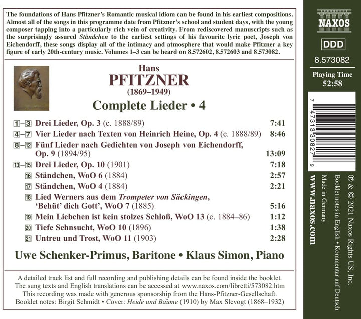 Pfitzner: Complete Lieder Vol. 4 [Uwe Schenker-Primus; Klaus Simon] [Naxos: 8573] [Audio CD]