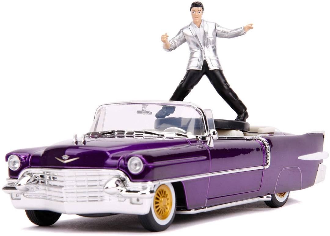 Jada Toys 253255011 1956 Presley Cadillac Eldorado Druckguss-Spielzeugauto, Türen, Kofferraum und Motorhaube offen, inklusive Elvis-Figur, Maßstab 1:24, Lila