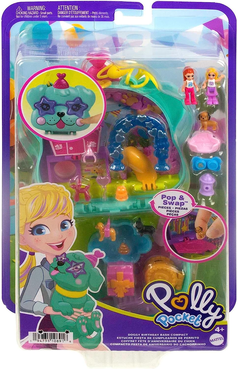 ?Polly Pocket Mini Toys, Doggy Birthday Bash Kompaktes Spielset mit 2 Mikropuppen