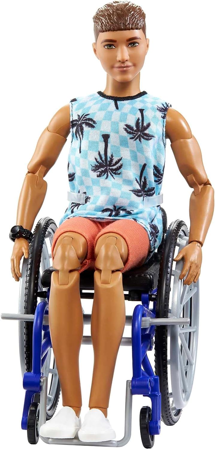 Ken Doll with Wheelchair & Ramp, Kids Toys, Barbie Fashionistas, Brunette with Beachy Tee and Orange Shorts