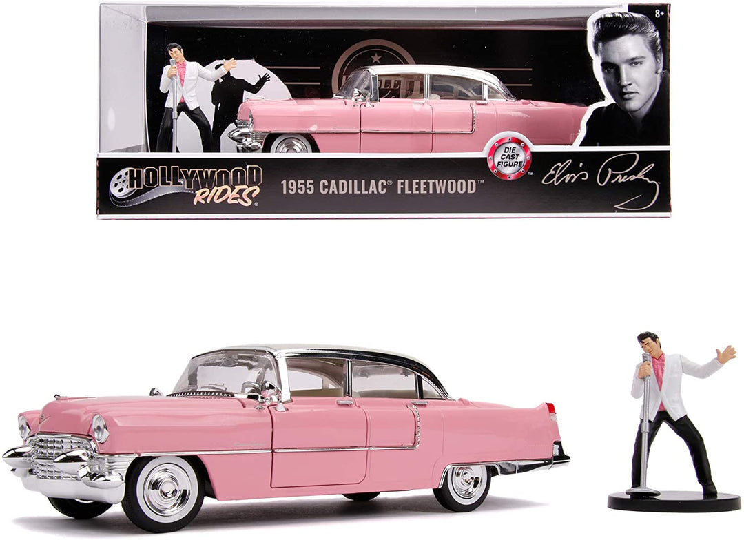 Jada Toys Elvis Presley Cadillac Fleetwood 1955, Druckguss im Maßstab 1:24, Türen zum Öffnen, Kofferraum und Motorhaube, inklusive Elvis-Figur, Pink