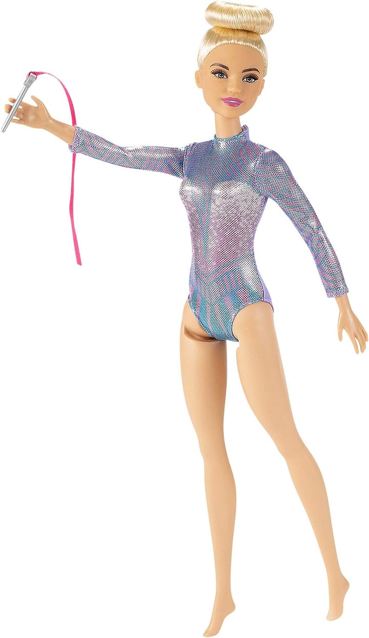 Barbie Rhythmic Gymnast Blonde Doll (12-in/30.40-cm) with Colorful Metallic Leotard, 2 Clubs & Ribbon Accessory, Great Gift for Ages 3 Years Old & Up