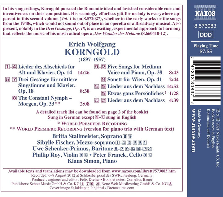 Korngold: Songs Vol.2 [Sibylle Fischer; Uwe Schenker-Primus; Britta Stallmeister; Phillip Roy; Peter Franck; Klaus Simon] [Naxos: 8573083] [Audio CD]