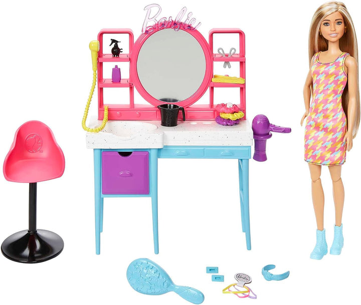 Barbie Doll and Hair Salon Playset, Long Color-Change Hair, Houndstooth-Print Dress
