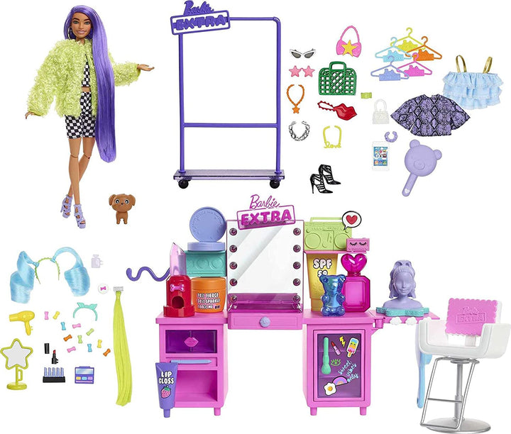 Barbie Extra-Puppen- und Schminktisch-Spielset mit exklusiver Puppe, Haustierwelpe und über 45 Teilen, einschließlich Schminktisch, rollbarem Kleiderständer, beleuchtetem Spiegel, Kleidung und Accessoires
