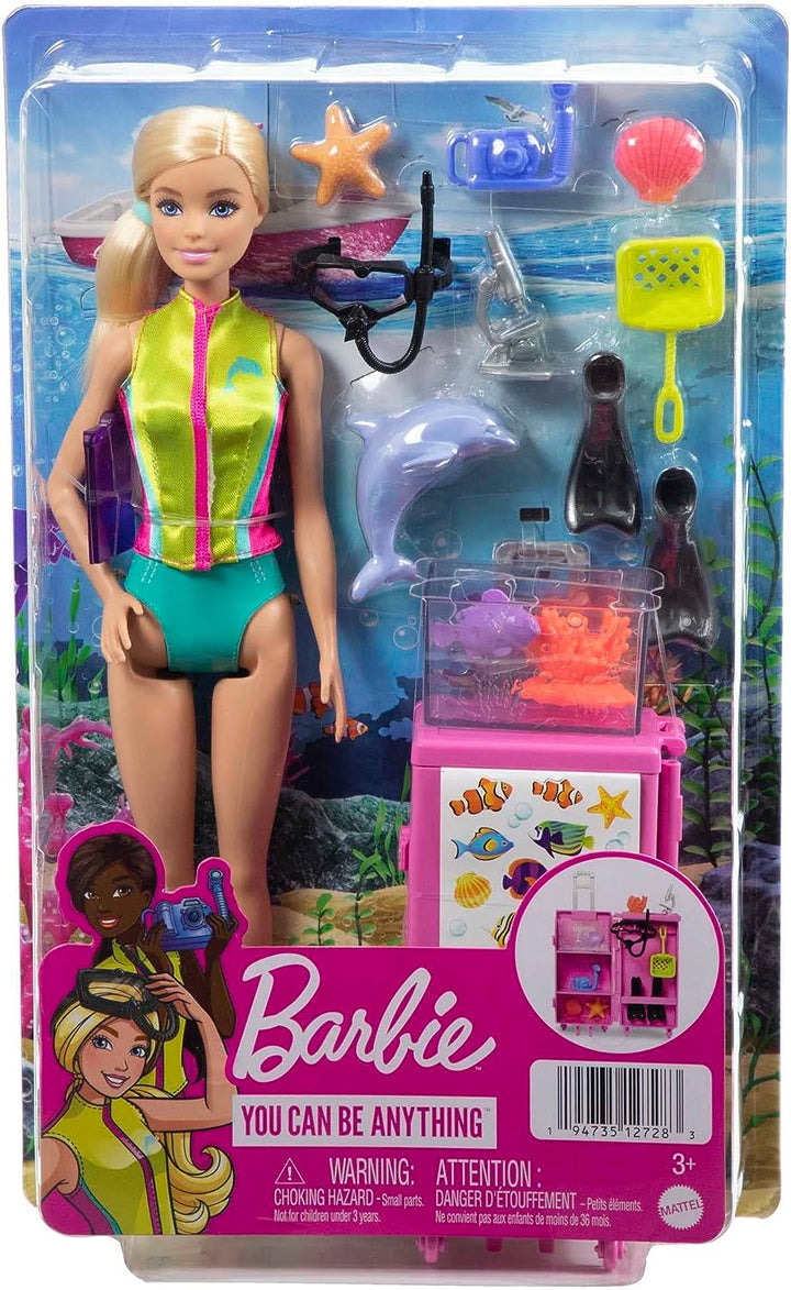 ?Barbie-Puppen und Zubehör, Meeresbiologen-Puppe (blond) und mobiles Labor-Spielset