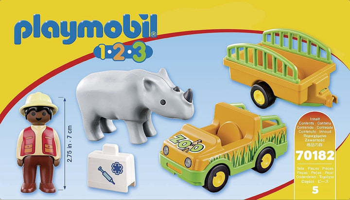 Playmobil 70182 1.2.3 Camion e rimorchio dello zoo con rinoceronte per bambini 18