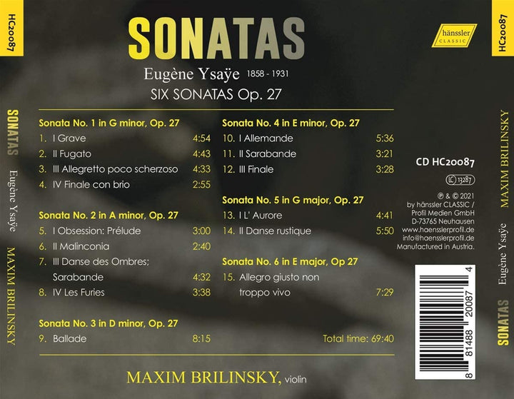 Ysaye: 6 Sonatas m Brilinsk] [Hanssler Classic: HC20087] [Audio CD]