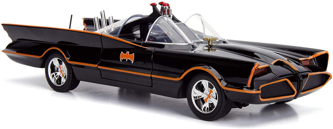 Jada Toys 253216001 Batman, klassisches Batmobil, Modellauto im Maßstab 1:18 mit zu öffnenden Türen, Kofferraum und Motorhaube, inklusive Batman- und Robin-Figur aus Druckguss, Schwarz, Mehrfarbig, Einheitsgröße