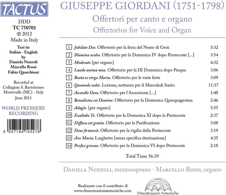 Giuseppe Giordani: Offertori Per Canto E Organo [Audio CD]