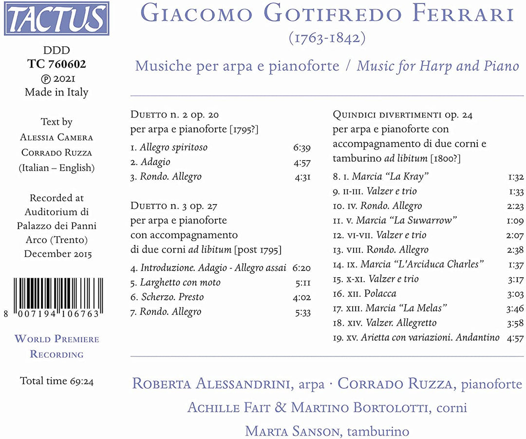 Roberta Alessandrini - Ferrari: Music For Harp [Roberta Alessandrini; Achille Fait; Martino Bortolotti; Marta Sanson; Corrado Ruzza] [Tactus: TC 760602] [Audio CD]