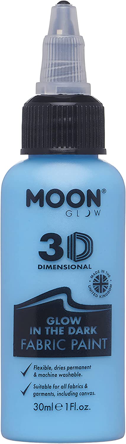 Moon Glow – im Dunkeln leuchtende 3D-Stofffarbe – 30 ml – Blau – Textilfarbe für Kleidung, T-Shirts, Taschen, Schuhe und Leinwand