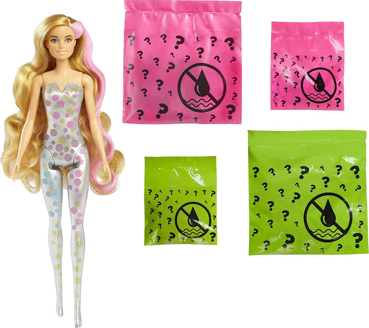 Barbie Color Reveal Puppe mit 7 Überraschungen: 4 Beutel enthalten Rock, Schuhe, Ohrringe und Pinsel; Wasser enthüllt Konfetti-Druck; Aussehen und Farbveränderung der Puppe im Haar und im Gesicht; Party-Serie