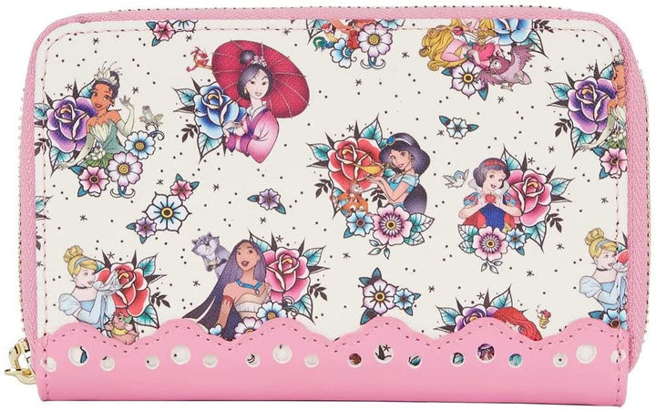 Loungefly Disney Princess Floral Tattoo Zip Around Wallet, Vegan Suede Pink Wall