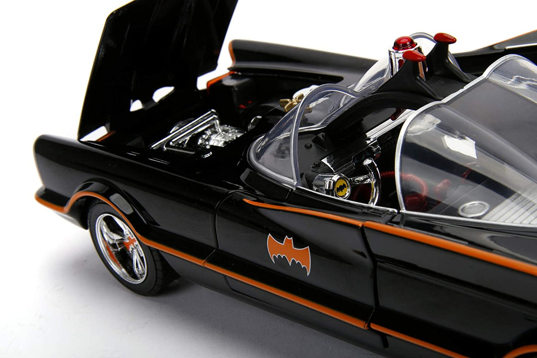 Jada Toys 253216001 Batman, klassisches Batmobil, Modellauto im Maßstab 1:18 mit zu öffnenden Türen, Kofferraum und Motorhaube, inklusive Batman- und Robin-Figur aus Druckguss, Schwarz, Mehrfarbig, Einheitsgröße