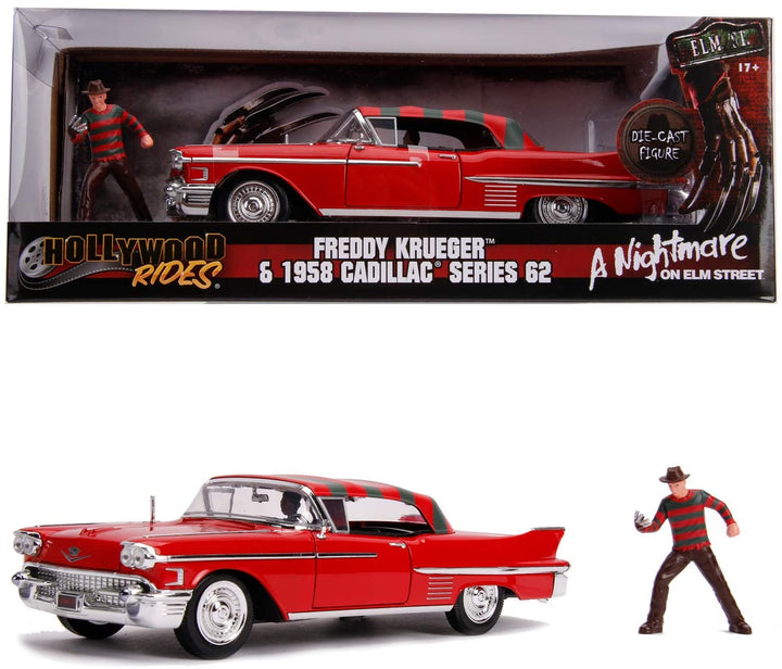 Jada 253255004 Pesadilla en Elm Street Coche Cadillac Series 62 1958 Metallfigur 1:24 Freddy Krueger Car Collecting, rot