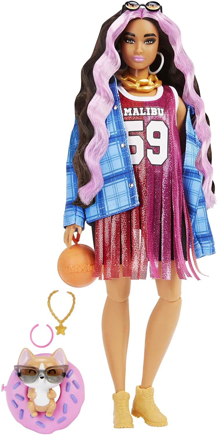 Barbie Extra Doll #13 in Basketball Jersey & Bike Shorts with Pet Corgi, 3 Year