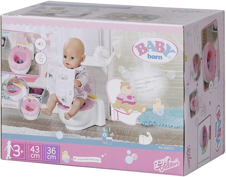 BABY born Bath Poo-Poo Toilette – echte Soundeffekte – für kleine Hände – Regenbogen-Glitzer-Poo – 43 cm – ab 3 Jahren