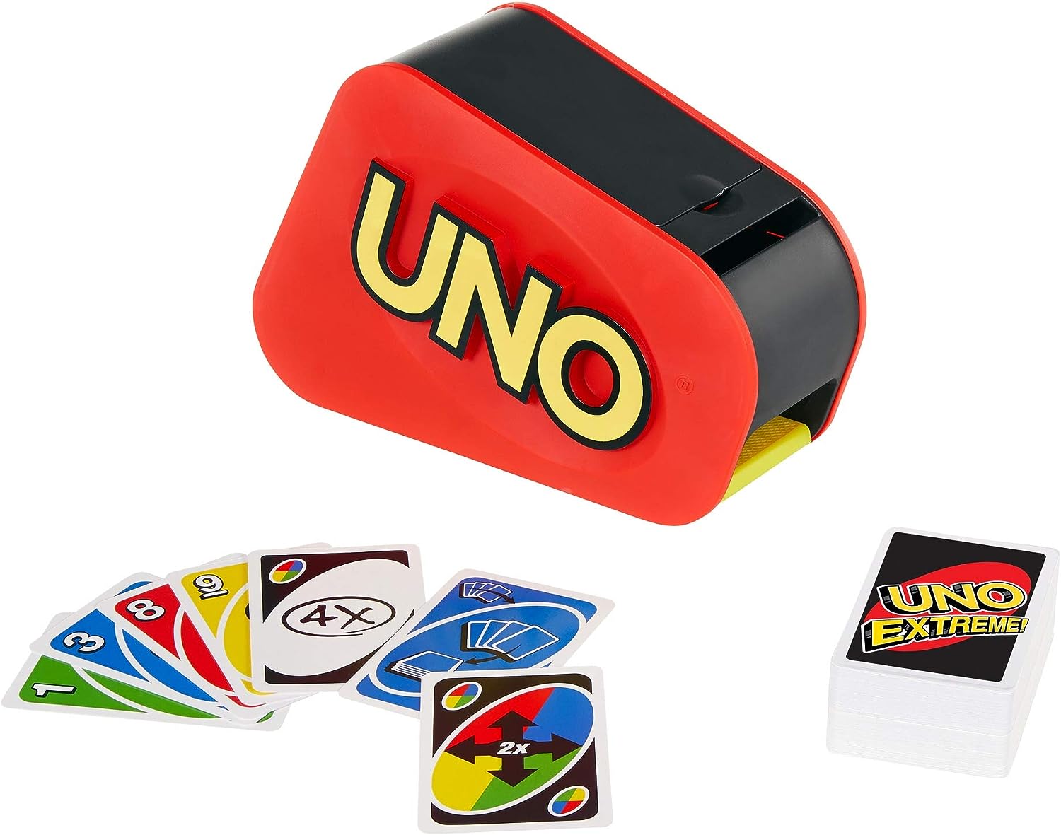 UNO Extreme Kartenspiel mit Zufallsaktionswerfer, Lichtern und Geräuschen, 112 Karten