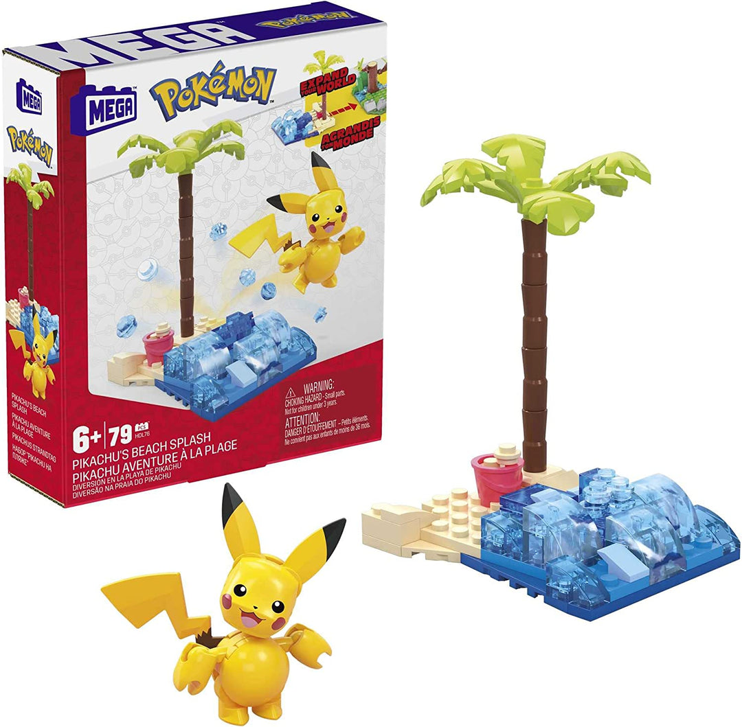 MEGA Pokémon Pikachu’s Beach Splash building set with 79 compatible bricks and pieces connect with other worlds,