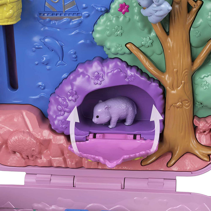 Polly Pocket Koala Adventures Tragbare Geldbörse, kompakt, mit Mikro-Polly-Puppe und Freund-Puppe, 8 Outdoor-Funktionen, 5 Tieren und abnehmbarem Fahrzeugzubehör, tolles Geschenk für Kinder ab 4 Jahren