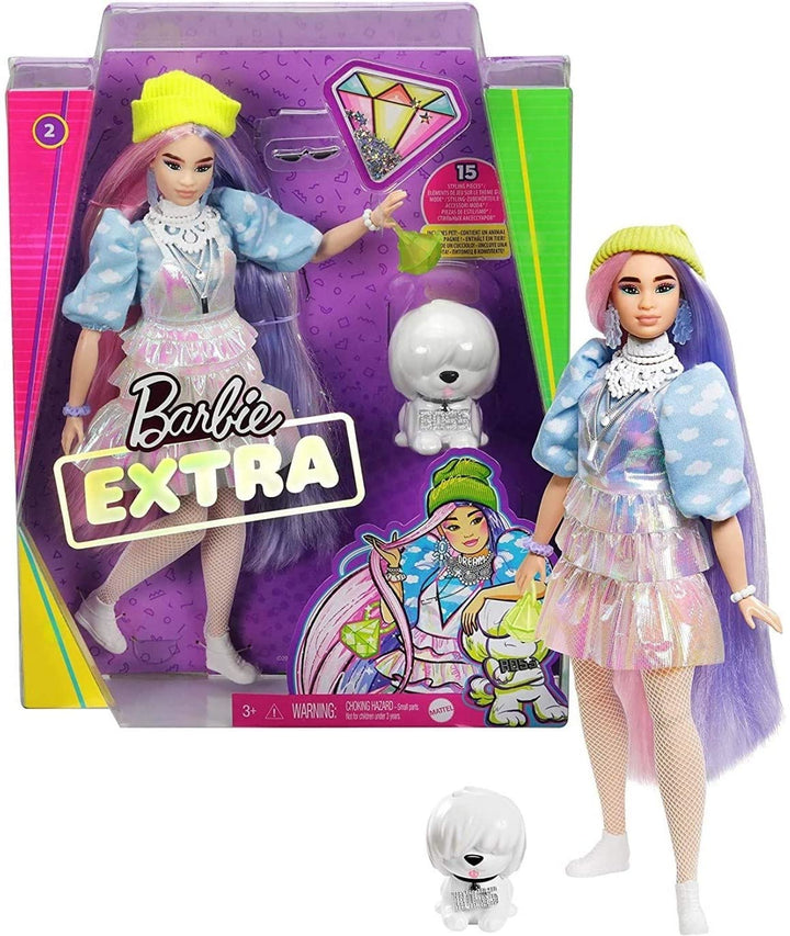 Bambola Barbie Extra in look scintillante con cucciolo di animale domestico