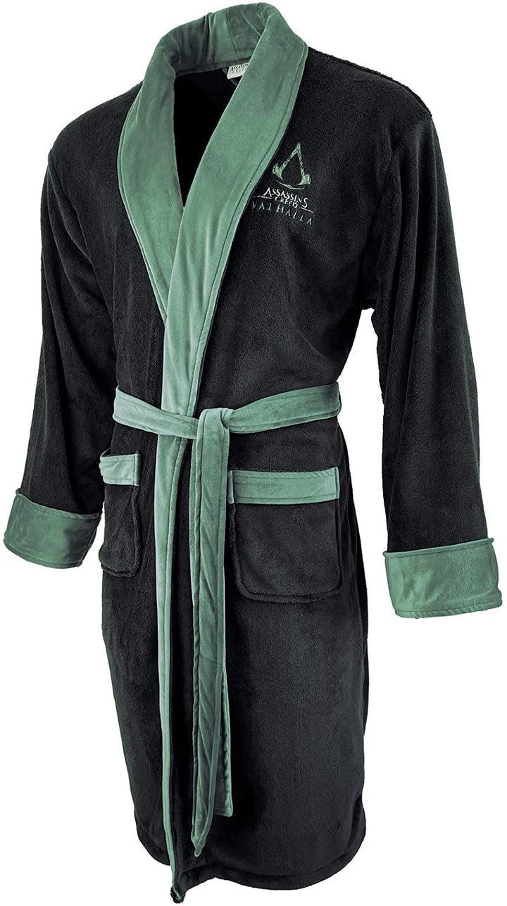 Groovy Assasins Creed Eivor Black/Green Bathrobe Men's Dressing Gown Robe Official, One Size