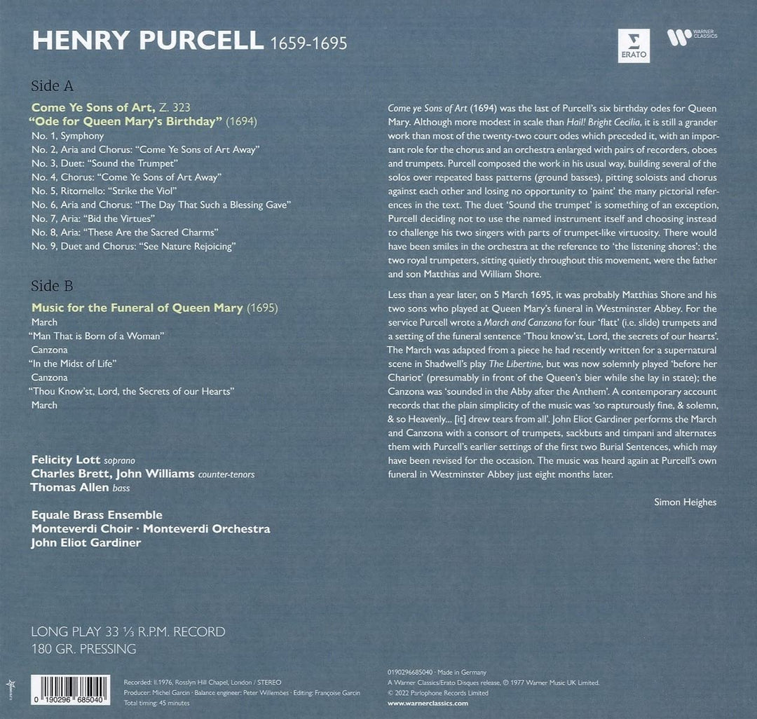 Purcell: Musik für Queen Mary, Come ye Sons of Art [VINYL]