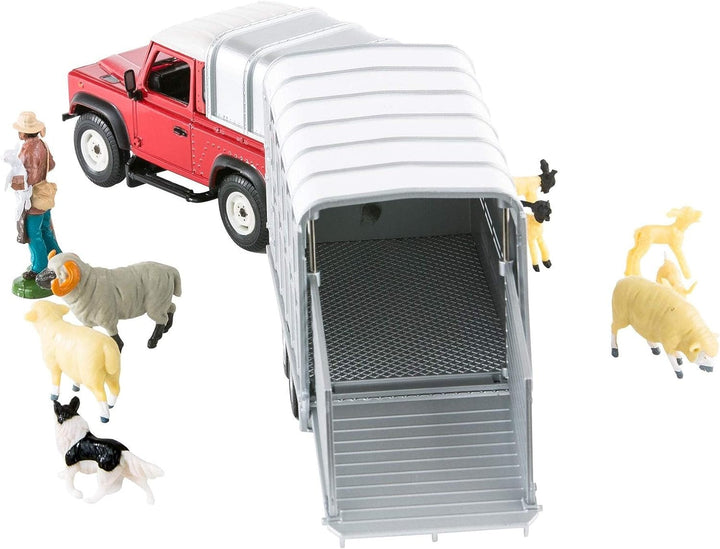 Britains 1:32 Schaffarm-Spielset, sammelbare Bauernhoftiere für Kleinkinder, Bauernhoftierspielzeug mit Land Rover 90 und Anhänger, Bauer, Schaf und Schäferhund, geeignet für Sammler und Kinder ab 3 Jahren