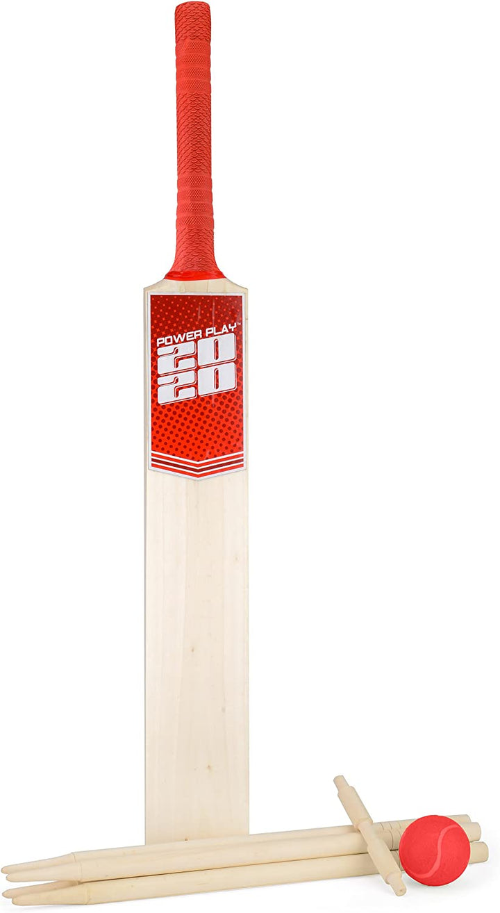 PowerPlay BG889 Deluxe Cricket Set with Cricket Bat, Ball, 4 Stumps, Bails and Bag, Size 5 Bat, red