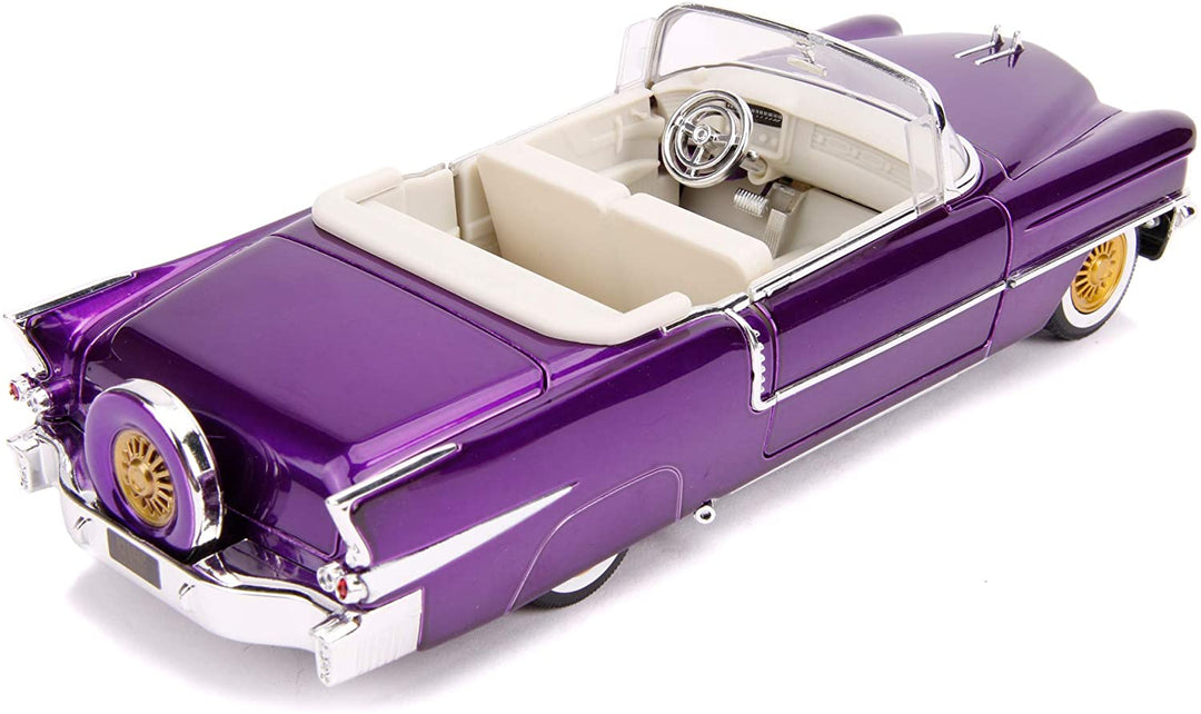 Jada Toys 253255011 1956 Presley Cadillac Eldorado Druckguss-Spielzeugauto, Türen, Kofferraum und Motorhaube offen, inklusive Elvis-Figur, Maßstab 1:24, Lila