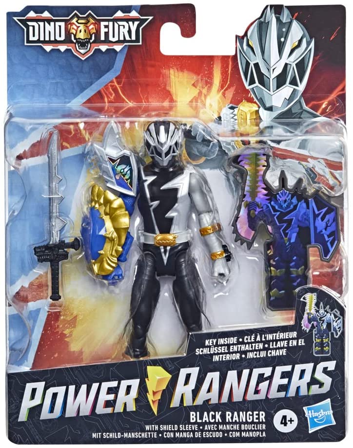Power Rangers Dino Fury Black Ranger with Shield Sleeve 15 cm Action Figure Toy,
