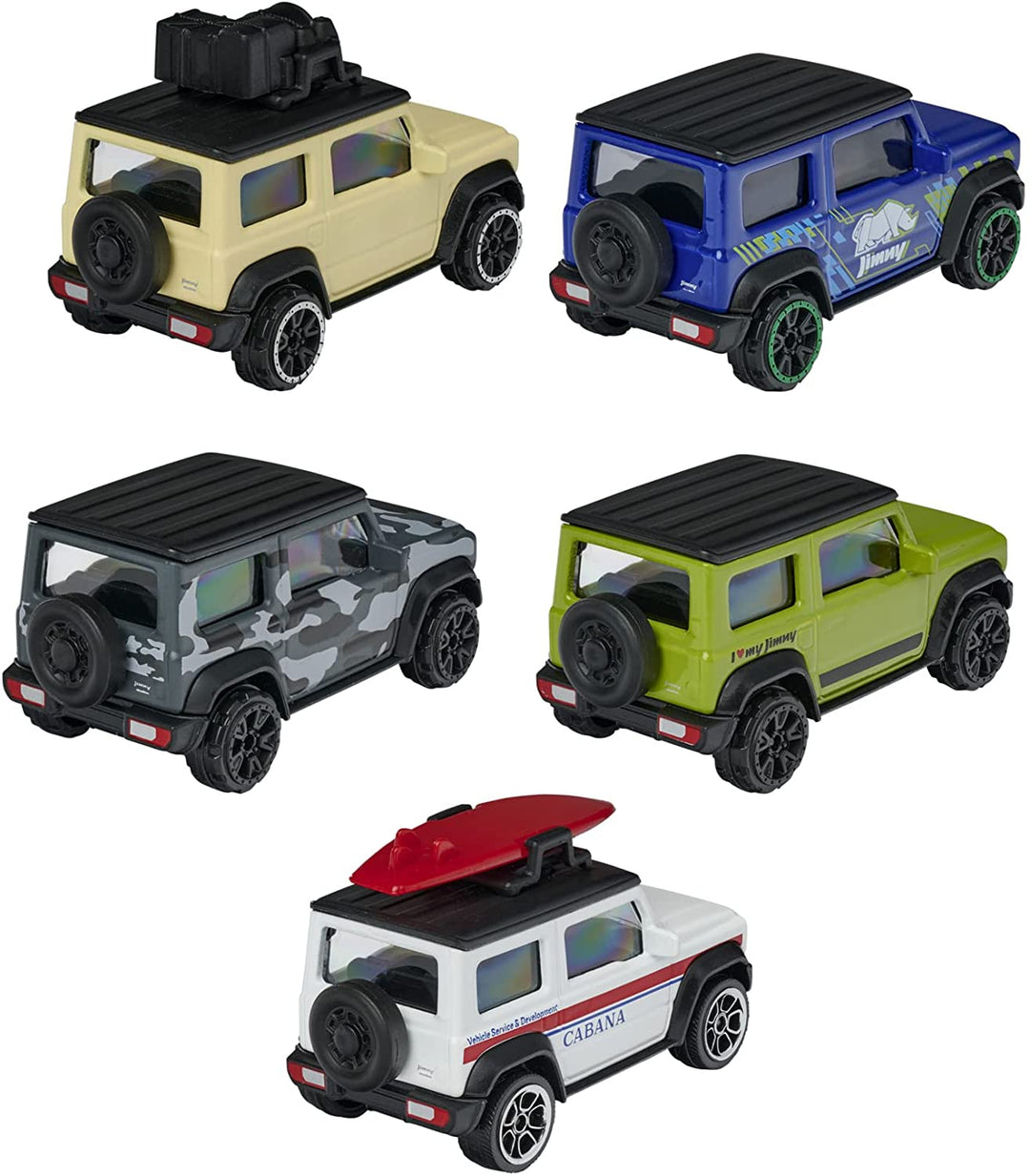 Majorette 212053177 Suzuki Jimny Geschenkset – Set mit 5 SUV-Modellen, Spielzeugautos aus Metall, Offroad, für Mädchen und Jungen
