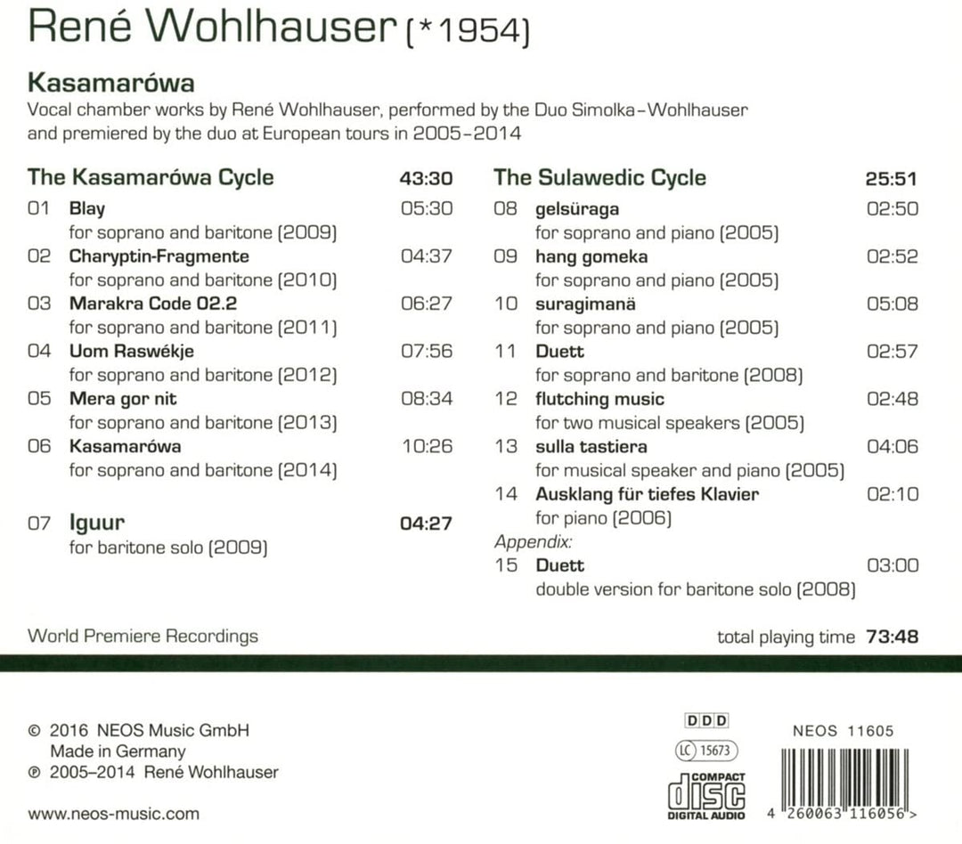Duo Simolka-Wohlhauser - René Wohlhauser (*1954): Kasamarówa [Audio CD]