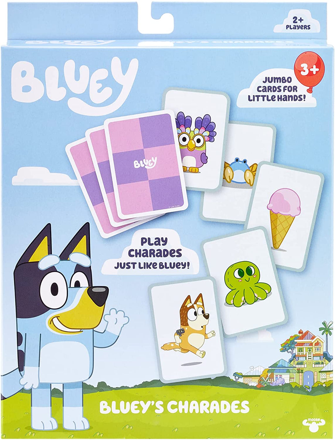 Bluey and Friends Charades-Kartenspiel, 60 übergroße, offizielle Charakterkartenspiele für 2 oder mehr Spieler