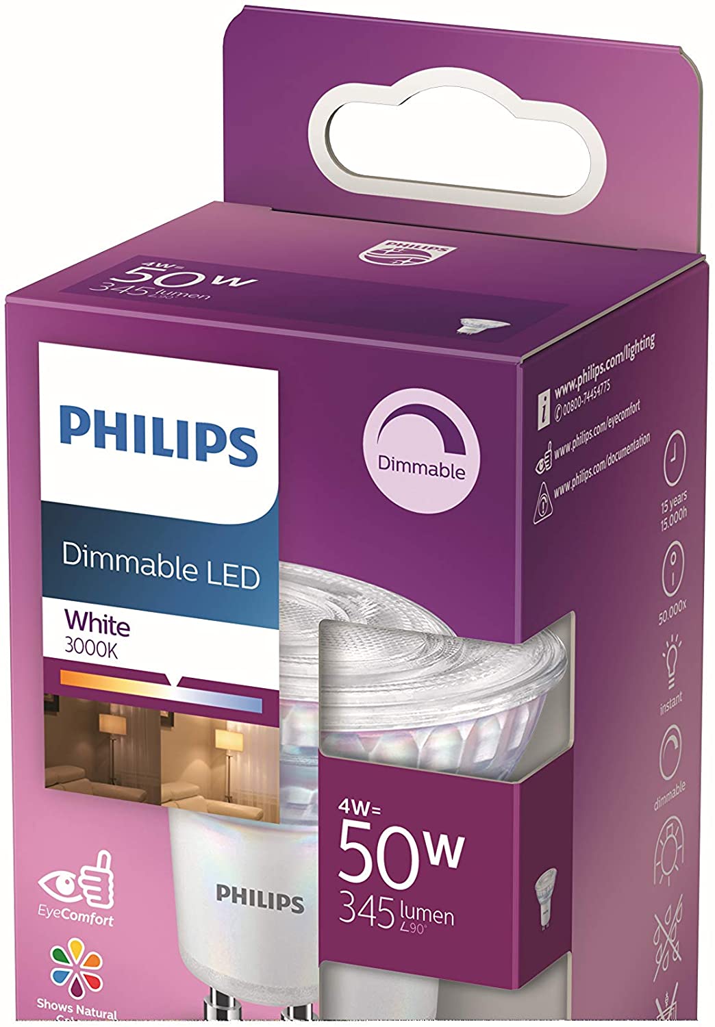 Philips LED Classic Dimmbare Glühbirne [GU10 Spot] 50 W, Weiß (3000 K).
