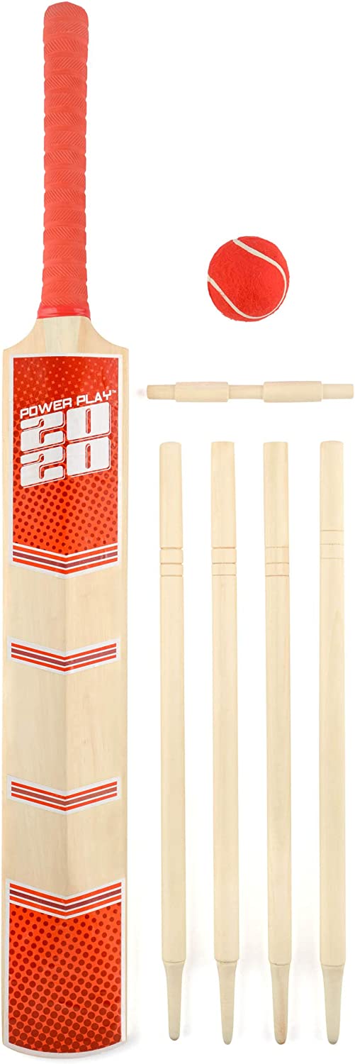 PowerPlay BG889 Deluxe Cricket-Set mit Cricketschläger, Ball, 4 Stümpfen, Bügeln und Tasche, Schläger der Größe 5, rot